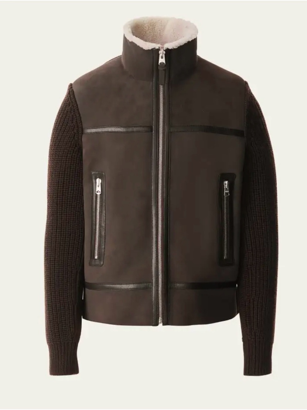 Mackage Brown Shearling-Trim Knit-Sleeve Zip Jacket